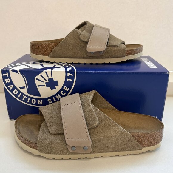 Birkenstock Kyoto Slide Sandals Nubuck Suede Leather Taupe Size 38 US 7 NEW - Picture 2 of 7